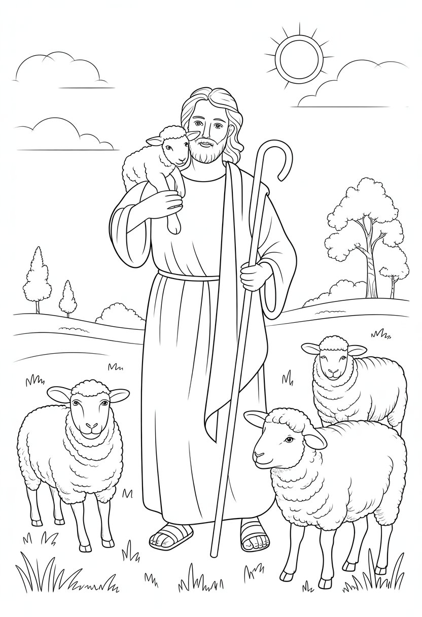 Christian Coloring Pages for Kids: 20 Inspirational Designs to Inspire Faith 35 A shepherd carrying a lamb on his shoulders with several sheep around him in a peaceful outdoor setting with hills and trees.